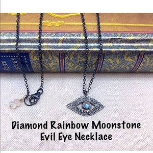 Diamond & Rainbow Moonstone Evil Eye Oxidized Sterling Silver Necklace, NWT, 18”